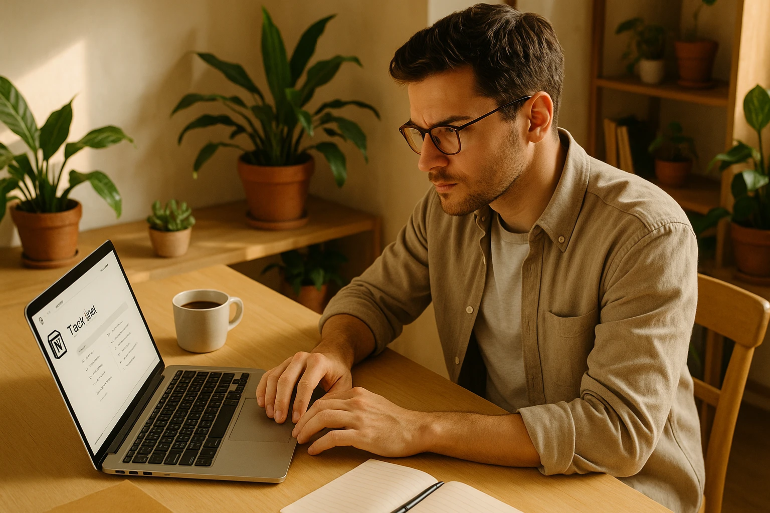 a man using Notion on a laptop, focused, creative, productivity vibe emoji