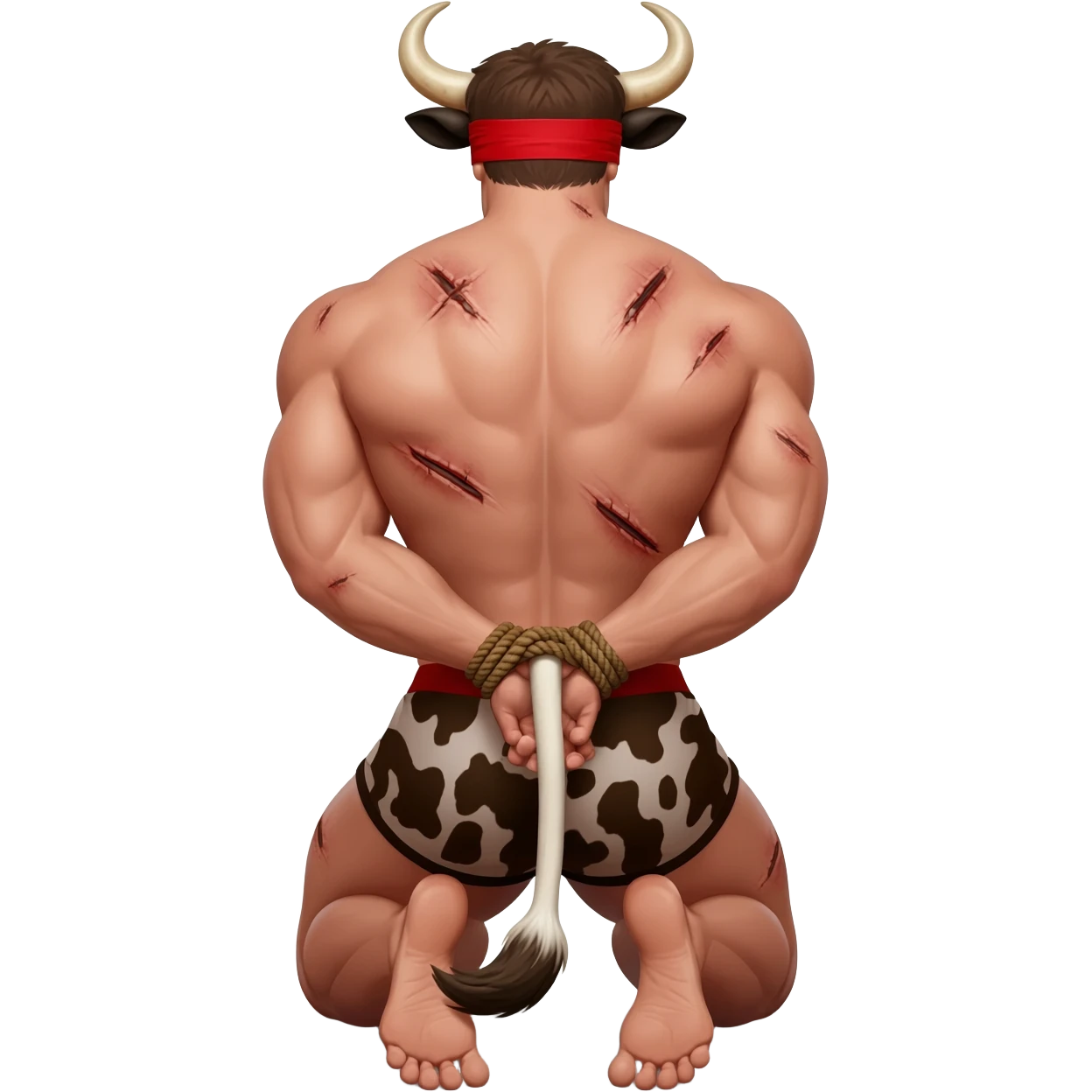 handsome extra large muscular man covered with scars with large breasts with bull horns and cow ears and bull tail with red blindfold dressed in thongs with brown cow print sits on his knees with hands tied behind the bback back view emoji