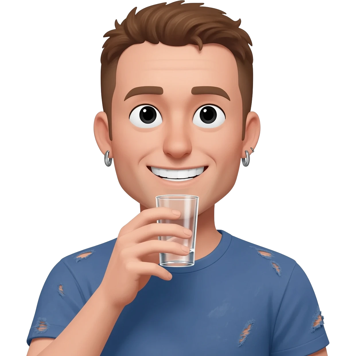 a brown hair guy with septum horizontal stripe shirt and earings with a smile drinking a shot emoji