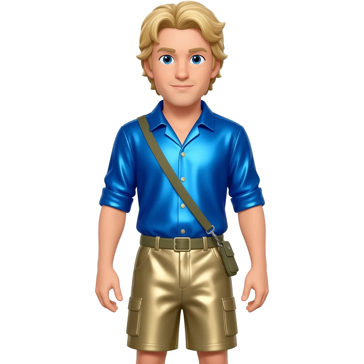 Martin Kratt with blue eyes, sandy blonde hair, periwinkle blue metallic shirt, khaki metallic baggy shorts emoji