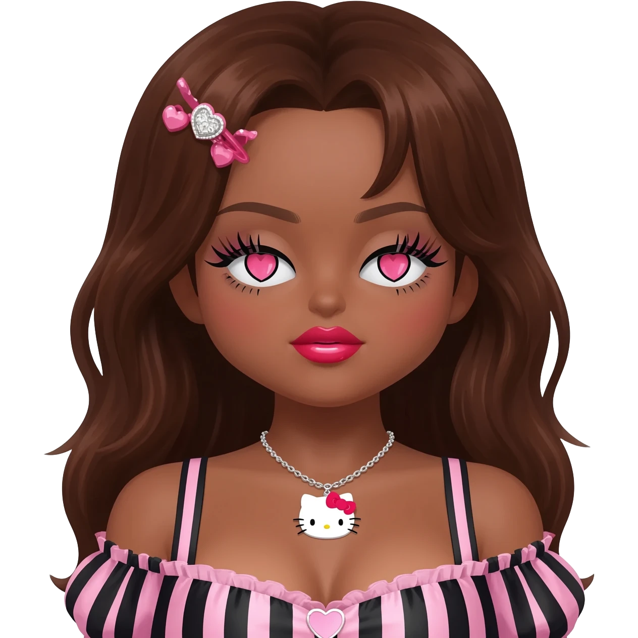 heart shaped lips, cute glossy lips, doll eyes with long lashes, dark brown skin, brown hair, big chest, hello kitty necklace, one bow clip, bimbocore outfit emoji