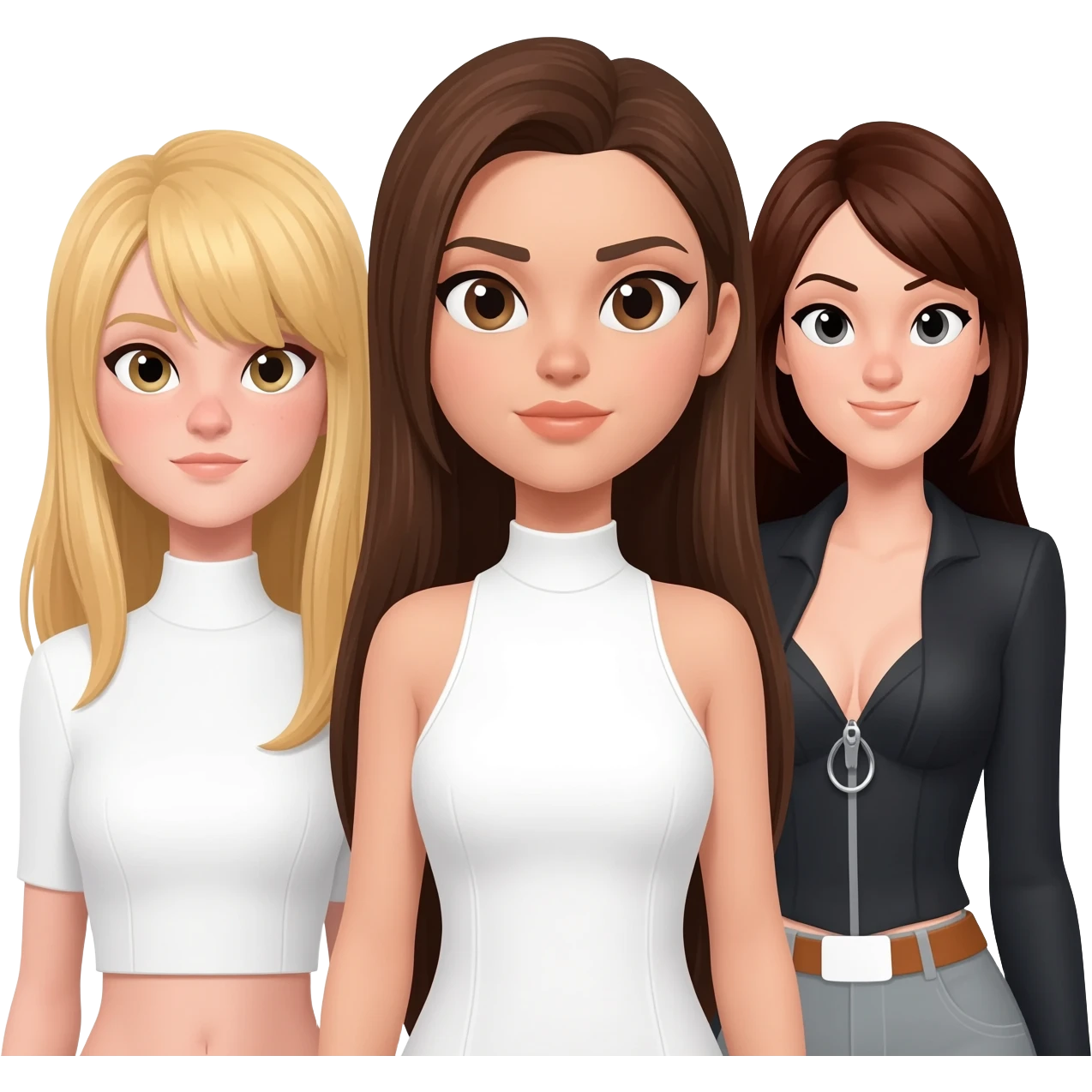 generate three white spy girls, a brunette one with long hair, a blond one with long hair and a dark brown long hair. put a brunette in the middle emoji
