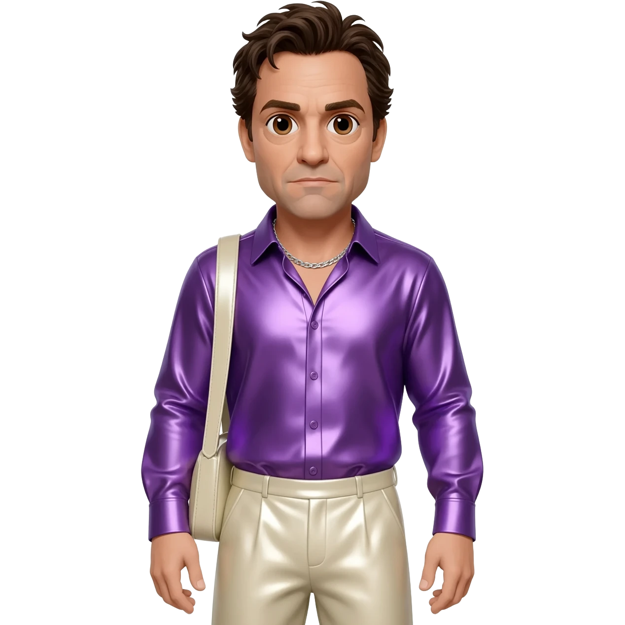 Mark Ruffalo with brown eyes, dark brown hair, purple metallic shirt, cream metallic baggy pants, silver necklace emoji