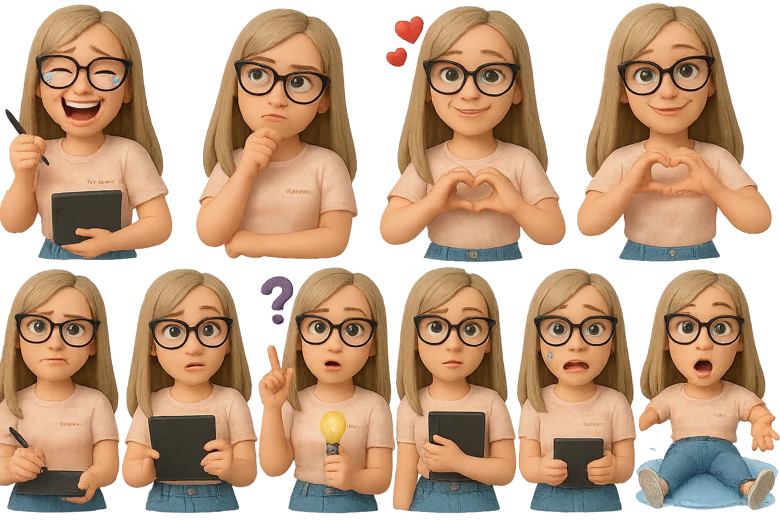 «Создай набор из 10 наклеек в стиле 3D cartoon  женского персонажа (30 лет выглядит моложе)  с прямыми светло русыми волосами ниже лопаток, светлой кожей, большими выразительными голубыми глазами, черные очки для зрения формы кошачий глаз, нос чуть с горбинкой.
Персонаж должен носить пастельную розово-бежевую тай дай футболку с вышивкой @ByUnicorn, голубые джинсы фасона мом, персонаж должен иметь разные выражения: смех до слез, задумчивость, влюбленность (с сердцами вокруг головы), улыбка и создает сердце руками, злость с паром из носа, растерянность (со знаком вопроса), наличие идеи (с зажженной лампочкой), плач со слезами из глаз, удивление с открытым ртом, лежит на спине раскинула руки и ноги в стороны в луже слез. Размер картинки не ограниченный, чтобы все наклейки вместились без обрезки. Стиль мультяшный  DreamWorks, мягкий свет, прозрачный фон, и добавь персонажу в руки графический планшет следи чтобы выглядело органично, красиво, не нарушая законы природы и физики, можешь добавить в другую руку перо от графического планшета, если это будет позволять смысл стикера» emoji