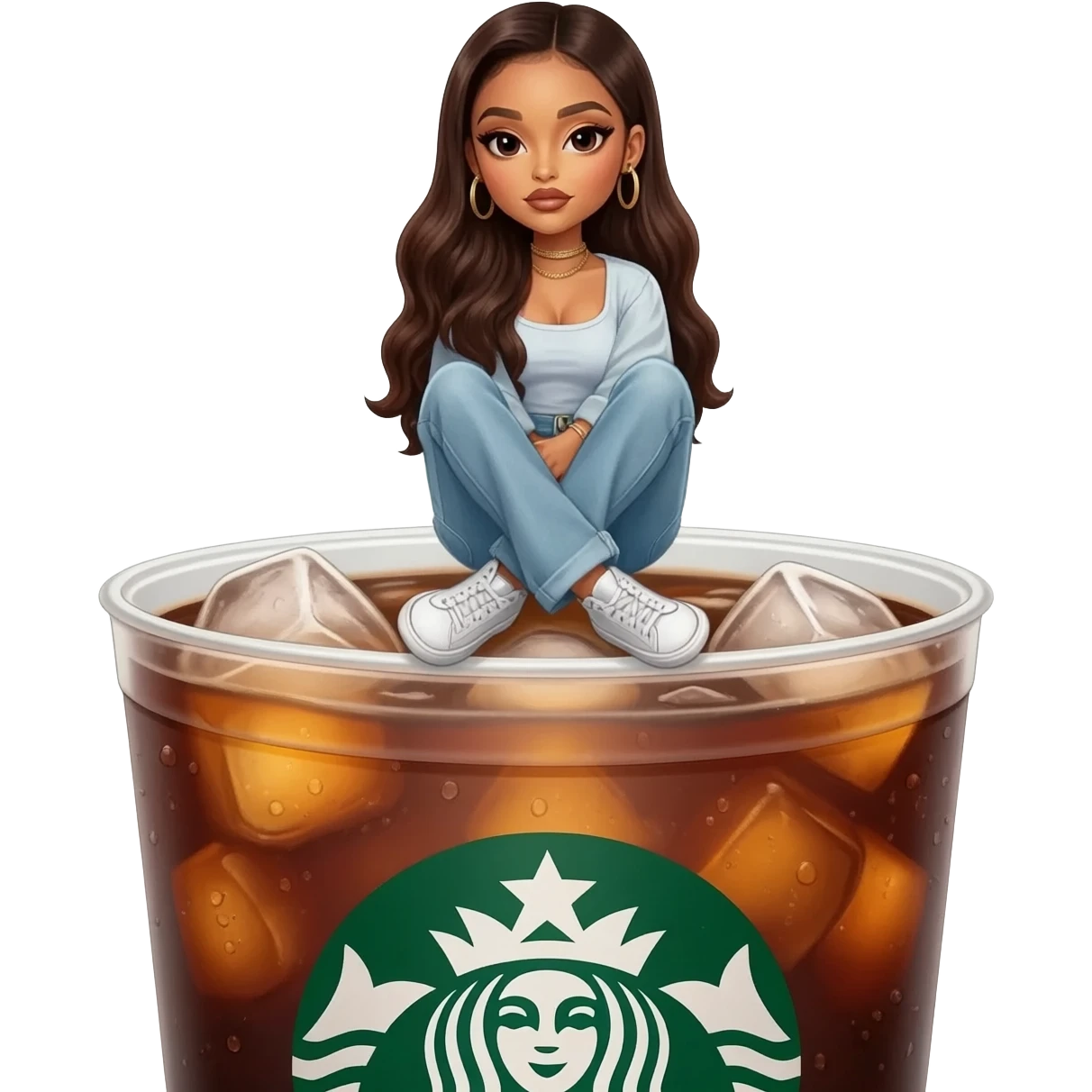 a Starbucks Americano with ice, Ariana Grande is sitting on top of the cup emoji