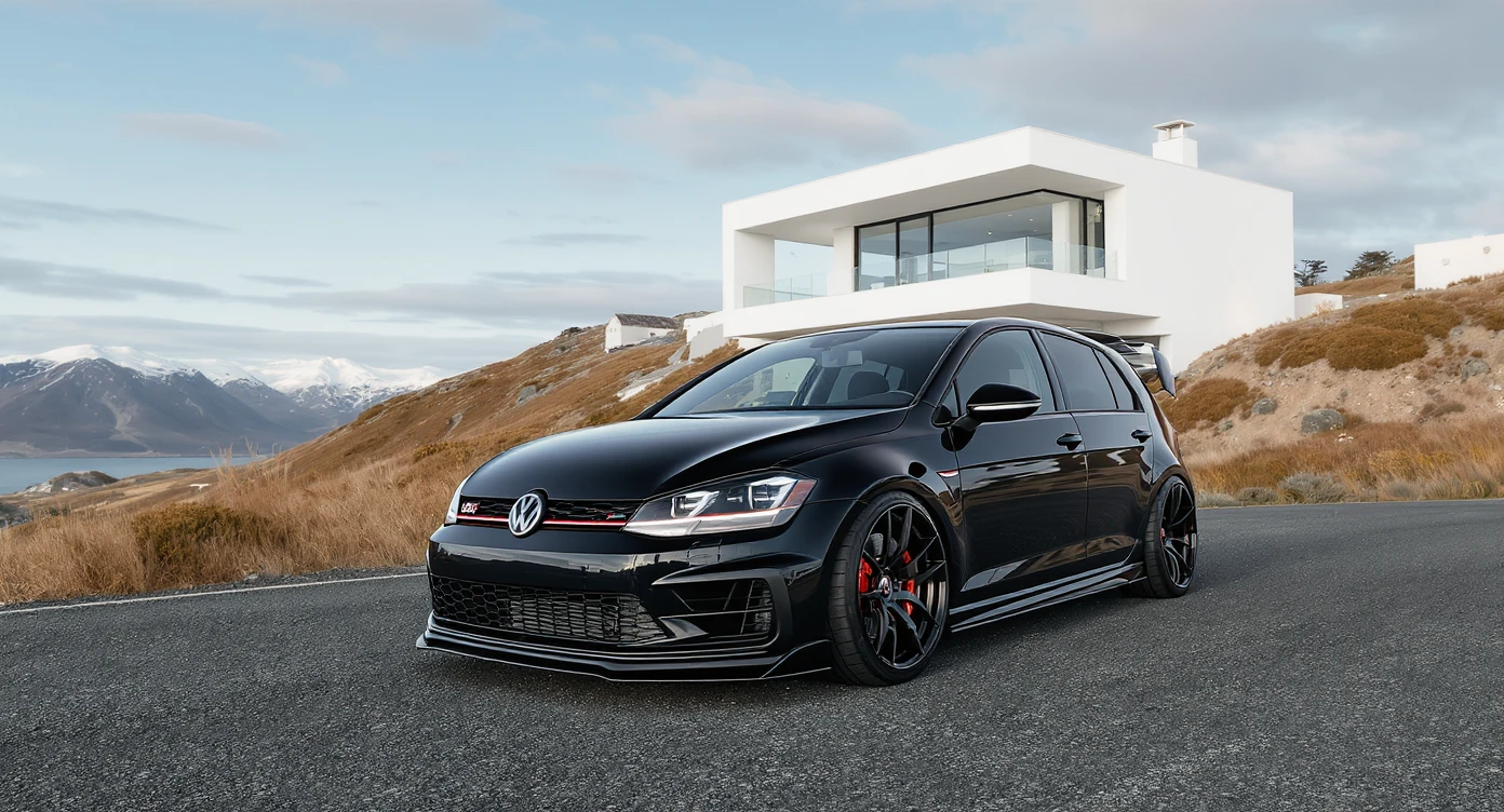 black Golf A4 with bodykit, in background is modern huge two flors white villa, in distance are iceland mountains, rule of thirds, shot on gopro hero, noise camera emoji