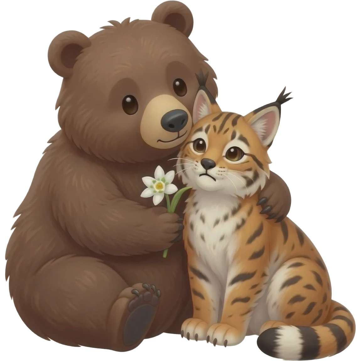 lovely bear hugs the nervouse lynx and gives her snowdrop flower emoji