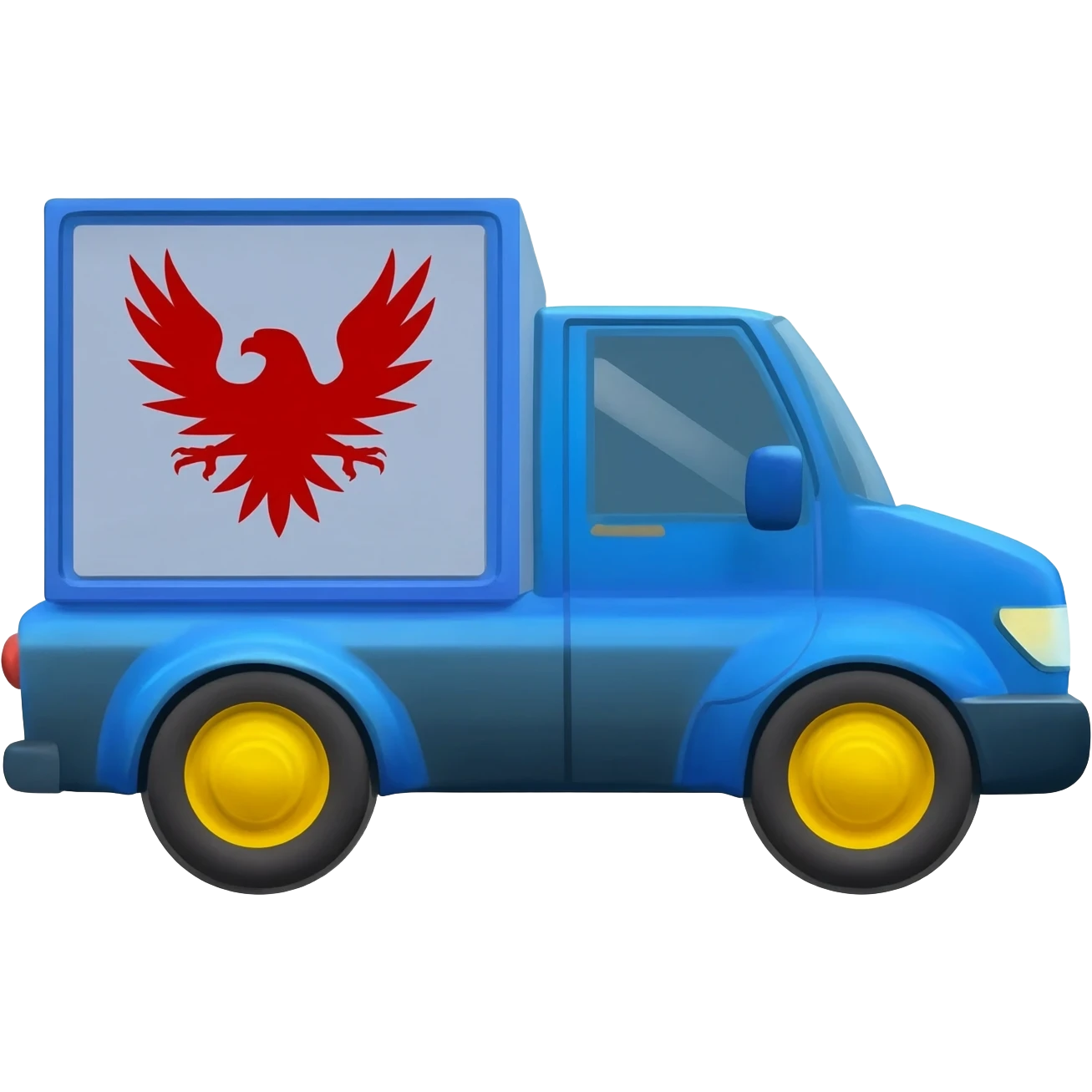 3D emoji of a blue delivery truck with a red eagle logo on the side, yellow wheels, driving fast, white background, sticker style. emoji