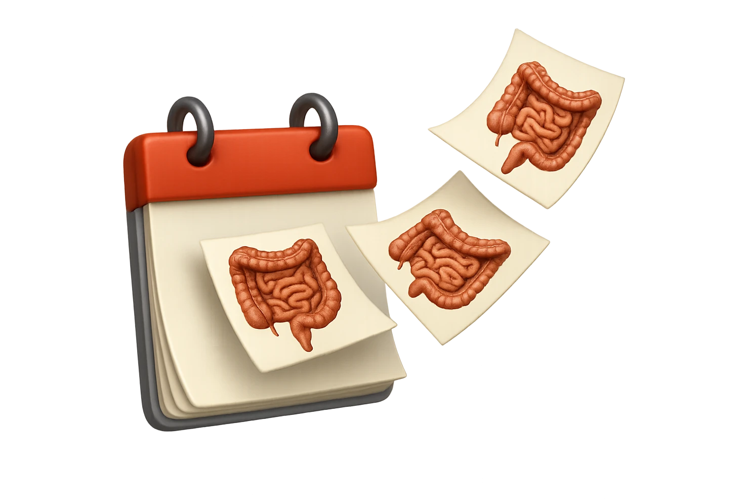 emoji stile iphone di un calendario con fogli che volano insieme, sui fogli ci sono disegnati degli intestini anatomici, iperrealistico 4k, isolato su sfondo bianco emoji