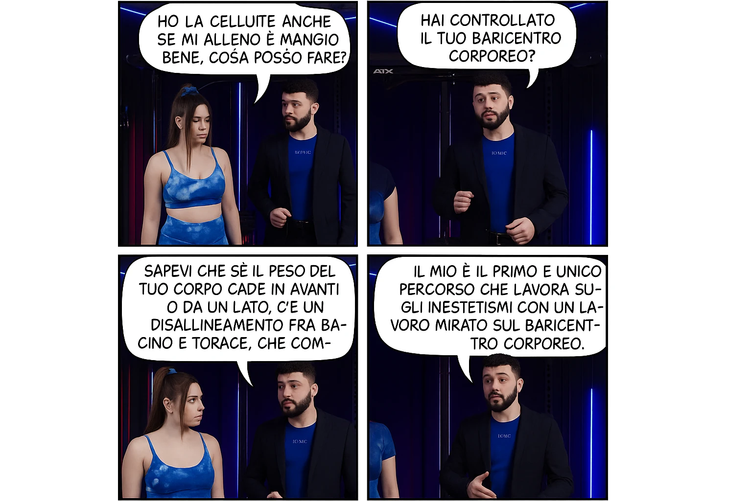 TRASFORMA QUESTO CAROSELLO IN UN FUMETTO CON QUESTE DUE PERSONE IDENTICHE CHE INTERLOQUISCONO TRA LORO:

LEI: Ho la cellulite anche se mi alleno e mangio bene, cosa posso fare?

LUI: Hai controllato il tuo baricentro corporeo?
Sapevi che se il peso del tuo corpo cade in avanti o da un lato, c’è un disallineamento fra bacino e torace, che comprimendo le coste, limita la motilità del diaframma e l’ossigenazione dei tessuti?
Il mio è il primo e unico percorso che lavora sugli inestetismi con un lavoro mirato sul baricentro corporeo. emoji