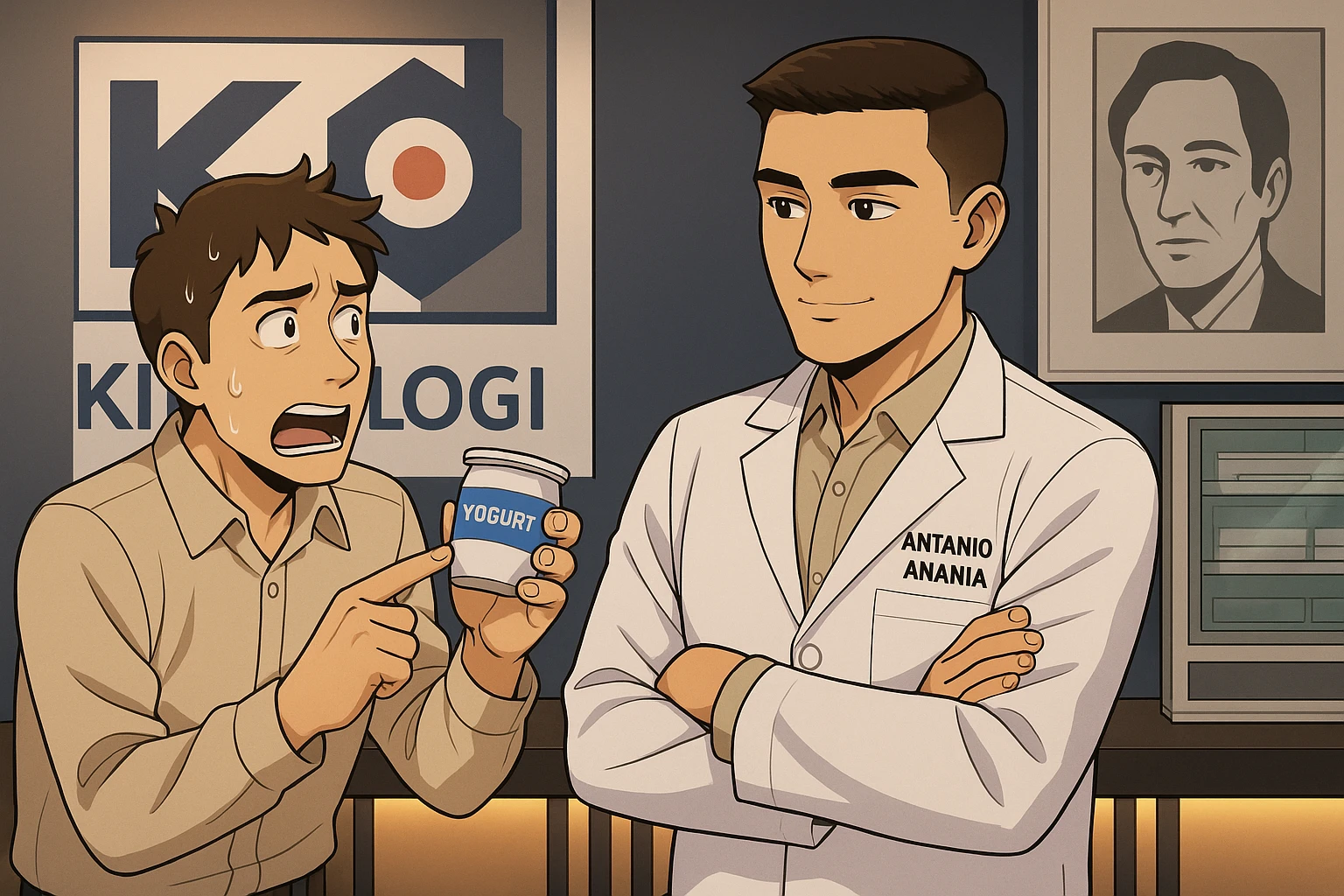 fai un webtoon manga a colori con questo stile, in cui un uomo chiede al kinesiologo con il camice bianco (fagli anche la scritta "ANTONIO ANANIA" SUL CAMICE, una domanda e il kinesiologo gli risponde, L'UOMO INDICA LO YOGURT CHE HA IN MANO ED è MOLTO ALLARMATO NEL FARE LA DOMANDA. non fare i fumetti però, fai solo in modo che sembri stiano parlando emoji