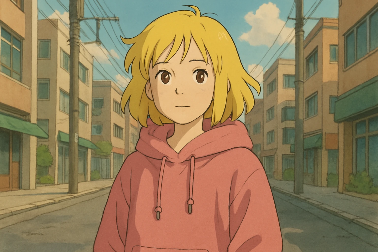 A girl yellow hair brown eyes pink Urban Heavy Loose Fit Hood Sweat emoji