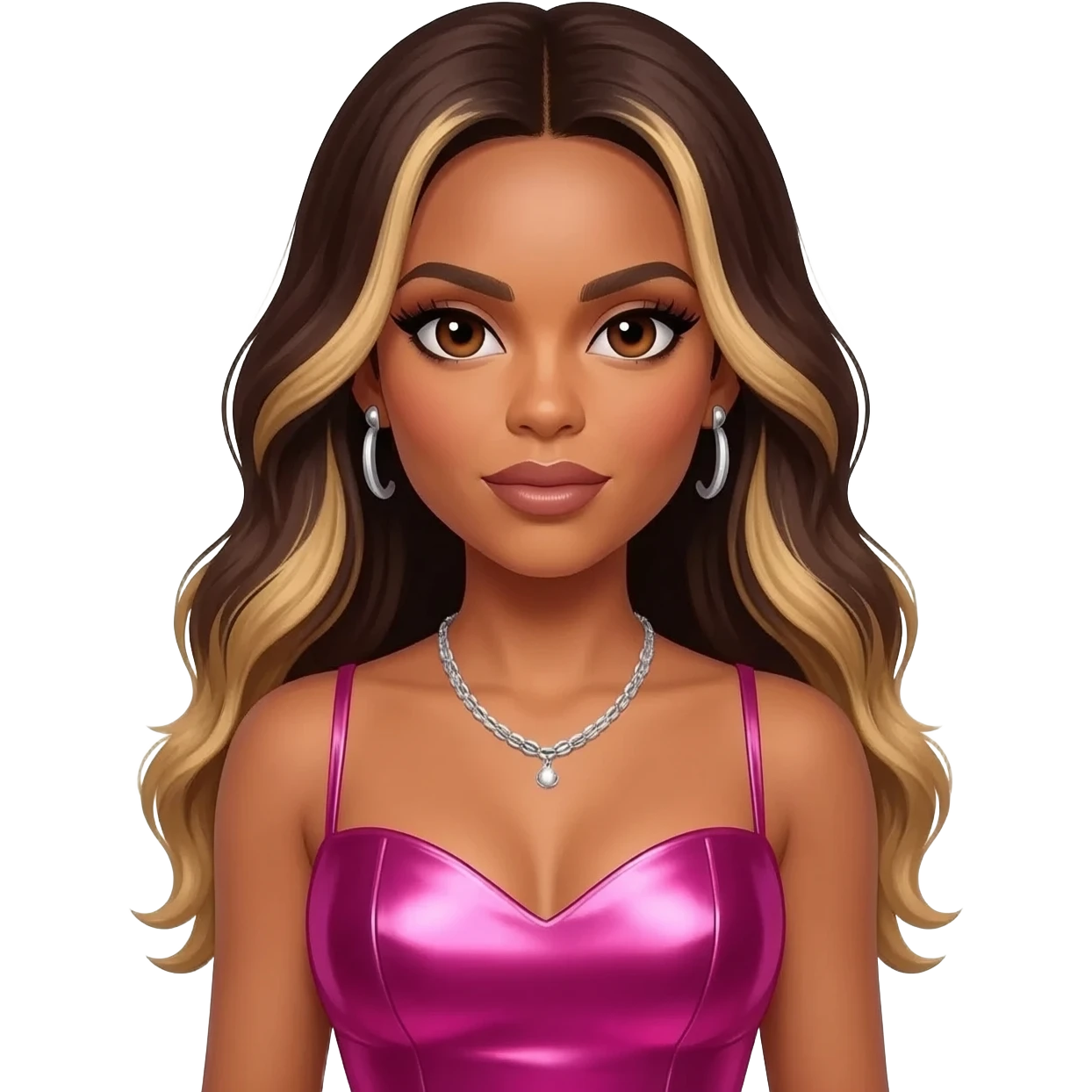 Ciara, R&B Singer with dark brown eyes, long dark brown hair with blonde highlights, hot pink metallic sweetheart dress, silver necklace with earrings emoji