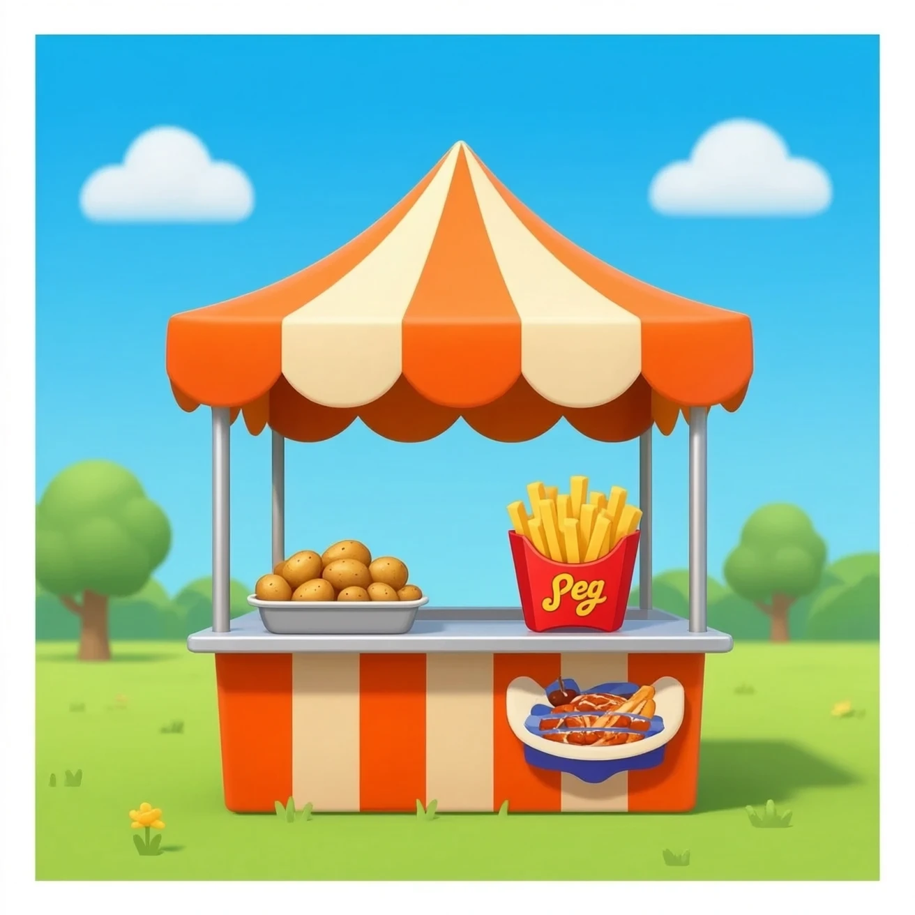 bancarella grande  con tenda vendita patate arrosto e patate fritte animato immagine frontale emoji