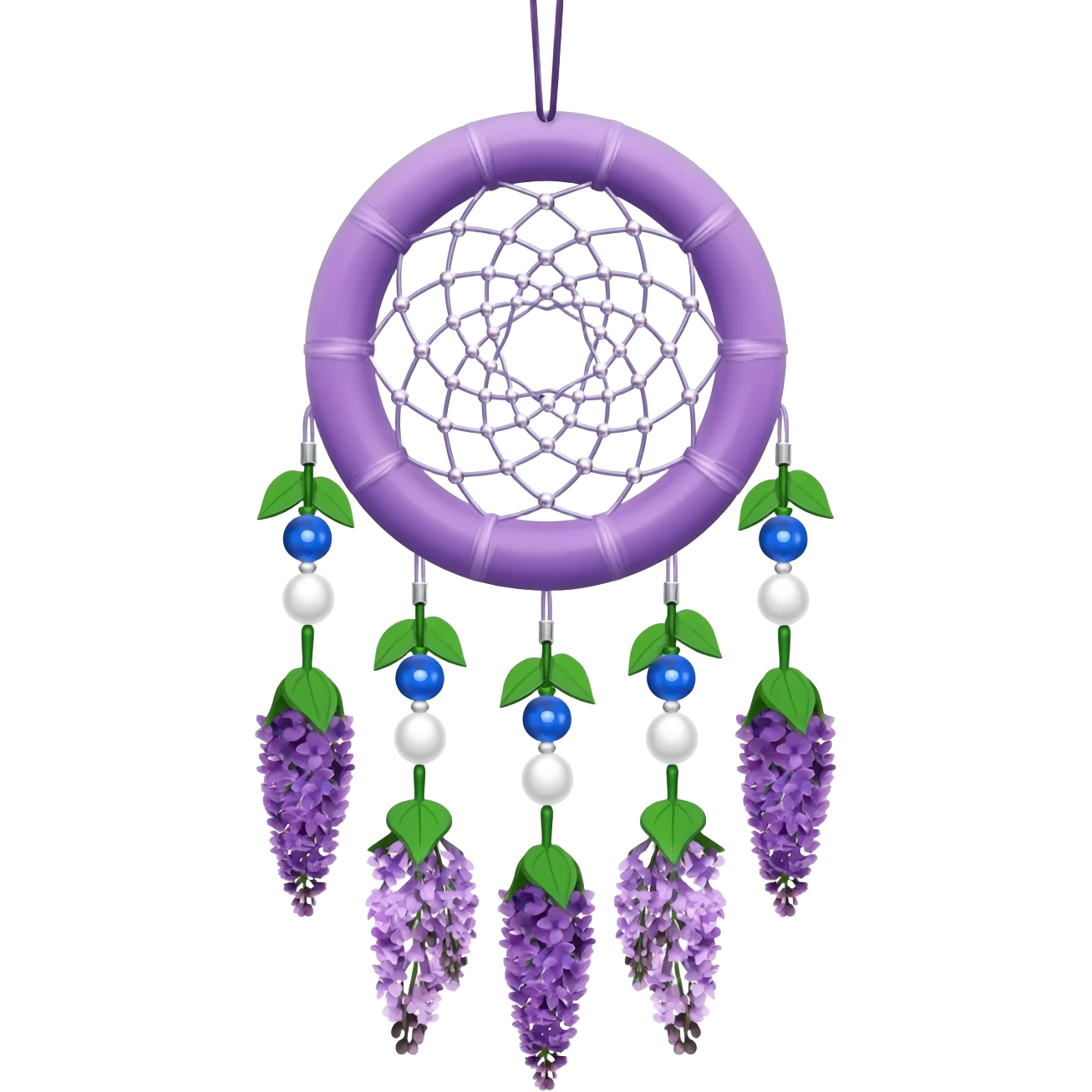 Lavender lilac pastel purple dreamcatcher-suncatcher with lavender flowers and lilac flowers attached, blue beads, and white beads, green leaves emoji