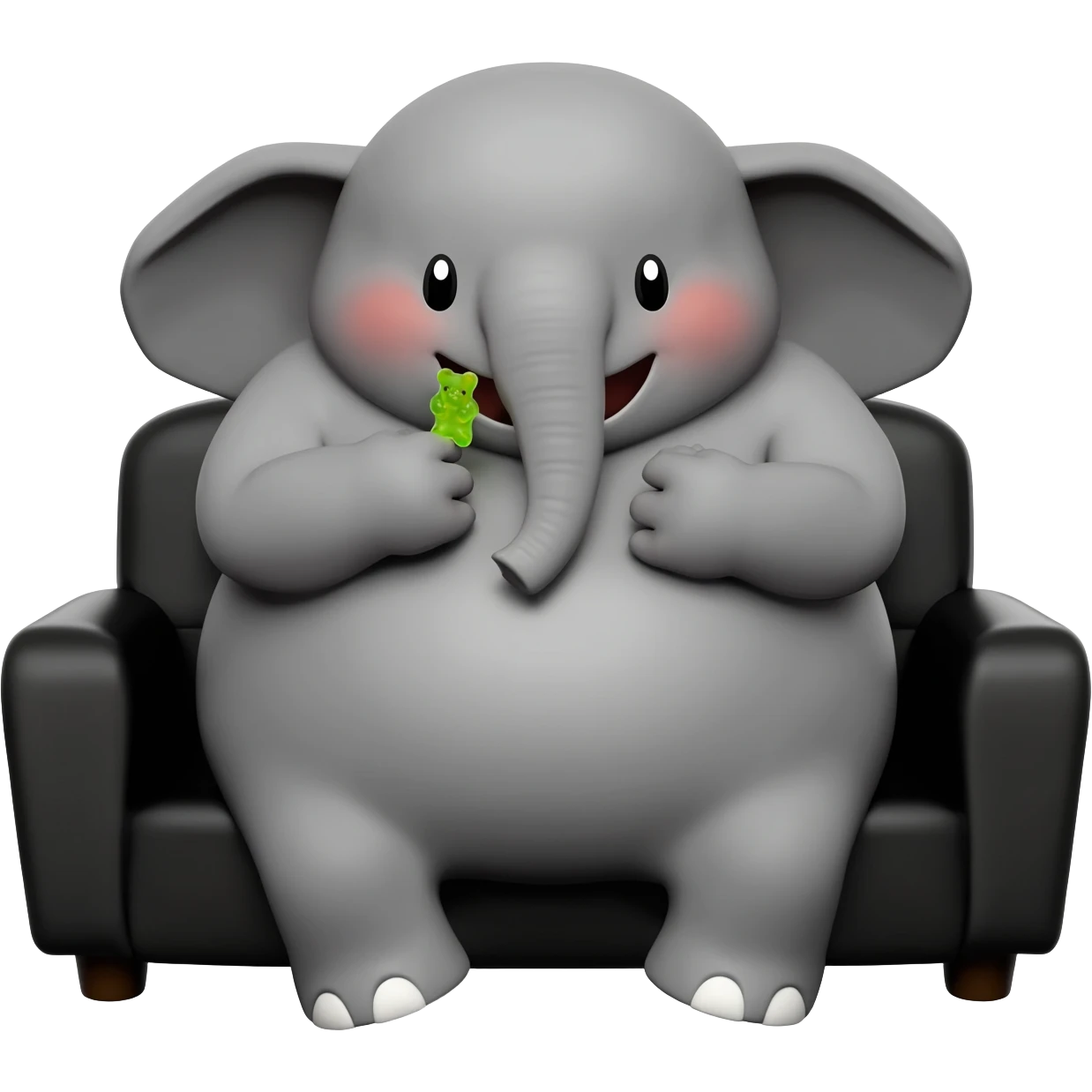 Chubby Adorable elephant sitting on a black leather sofa chair that is way too small for him, eating gummy bears, very happy,  watching TV, 4k, dpi 300. Must not be low resolution, must not be poor quailty, must be colorful, must not have emoji faces, no emoji icons, no human figures. emoji