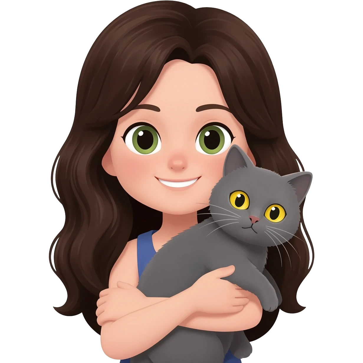 una chica castaña oscuro con un gato gris de ojos amarillos casi verdes en brazos emoji