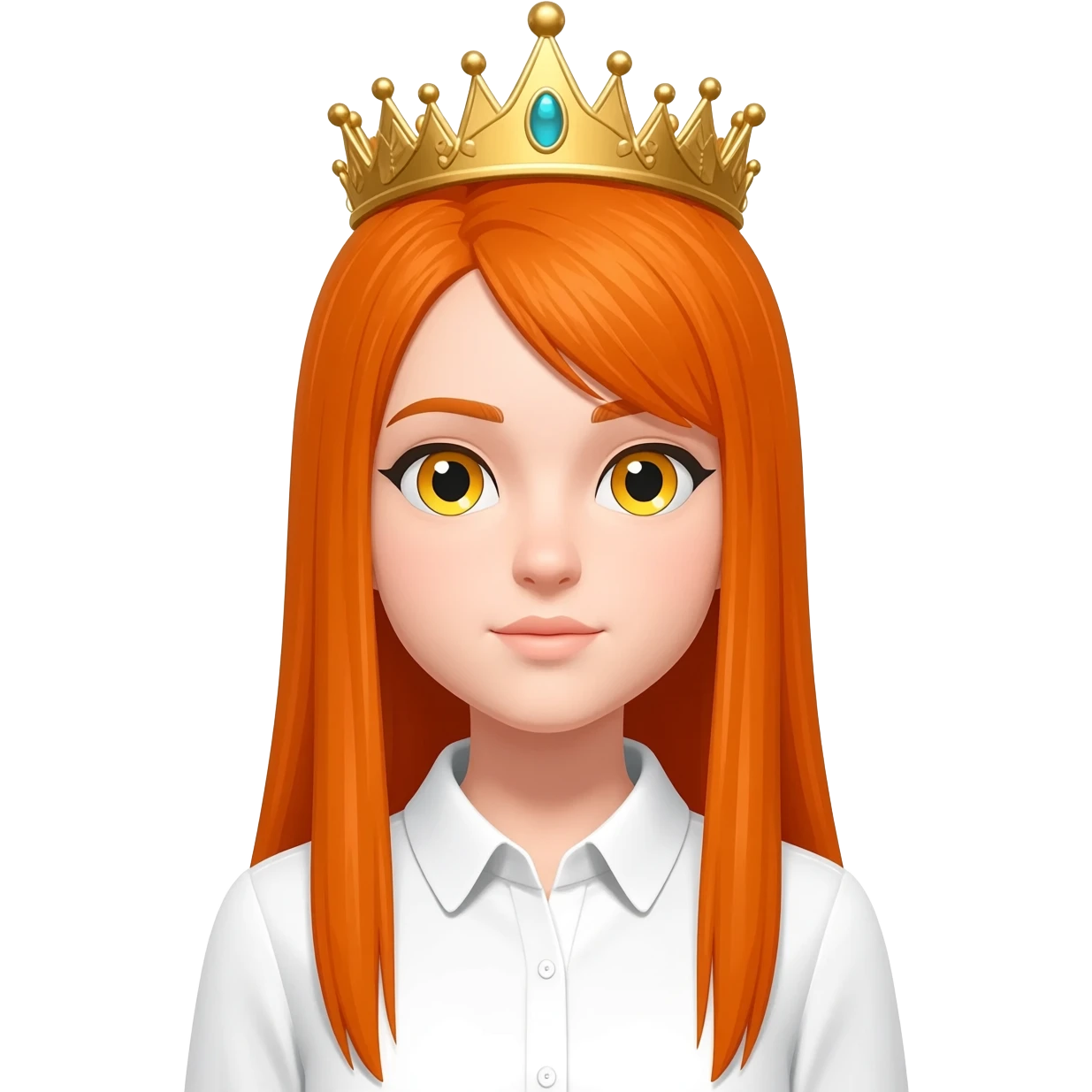 White girl with orange long straight hair and yellow eyes with a crown on her head and a white shirt on emoji