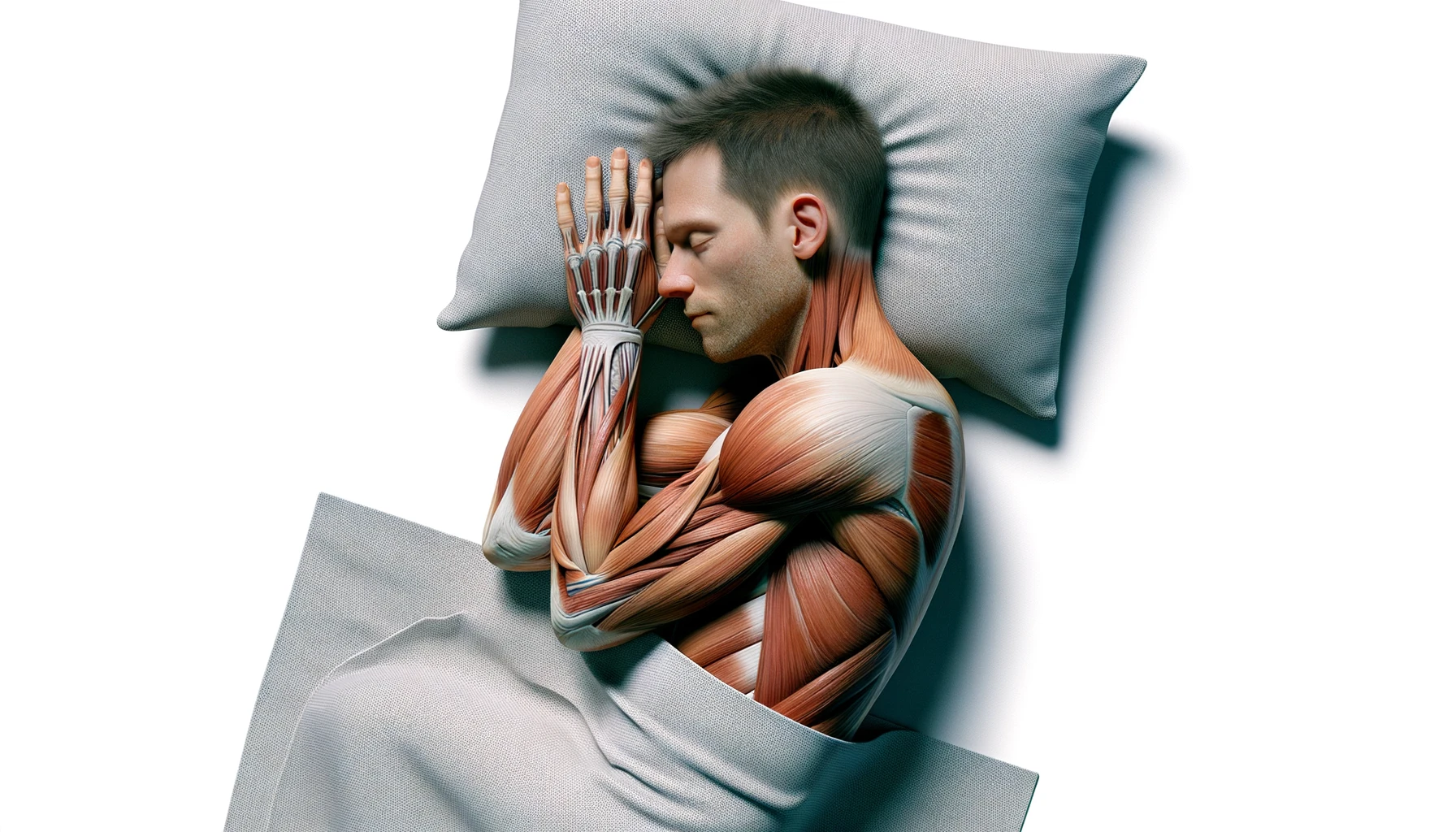 corpo umano anatomico con capelli corti che dorme sereno abbracciato al cuscino, muscoli e organi in evidenza, sta nel letto con l'espressione rilassata, visto dall'alto, iperrealistica 4k, isolato su sfondo bianco emoji