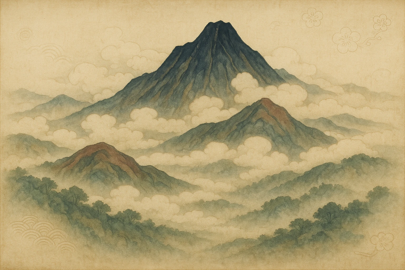 A majestic mountain landscape with rolling clouds, nihonga style, layered textures, serene atmosphere. emoji