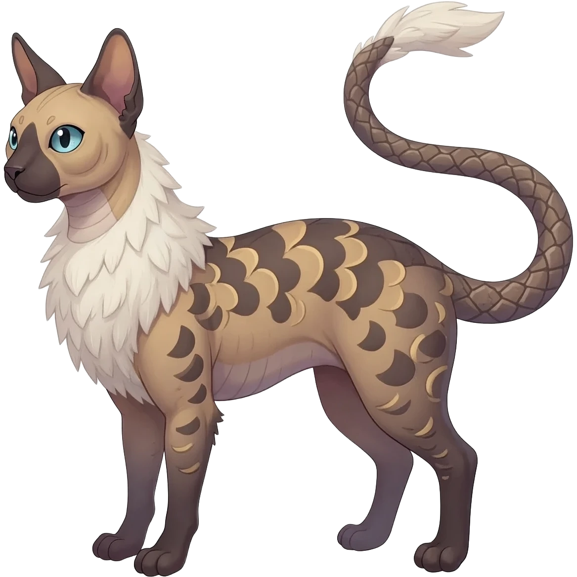 Furry, fluffy feathery scaly, Minccino-Sphynx-Lykoi-Linoone-Zangoose-fusion-hybrid-animal-Fakémon-creature, full body, thin long sleek scaly tail, intricate markings emoji