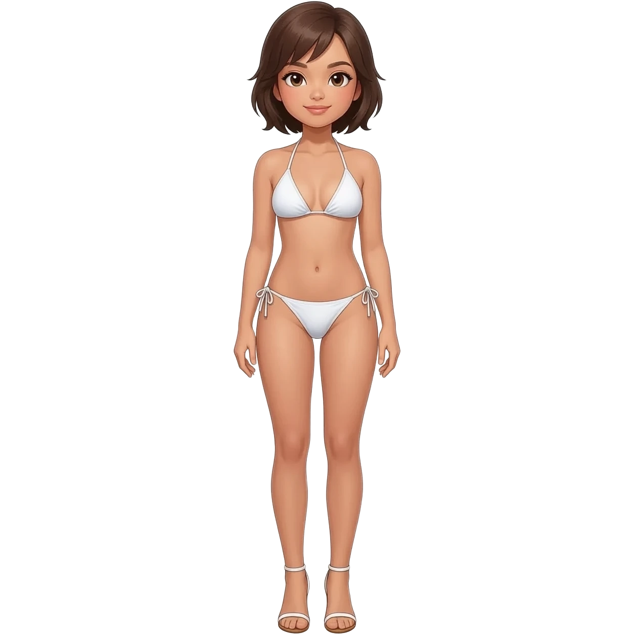 Filipino girl white triangle top bikini and tie tanga bikini bottom full body slim stand straight with high heels sandals brown short hair emoji