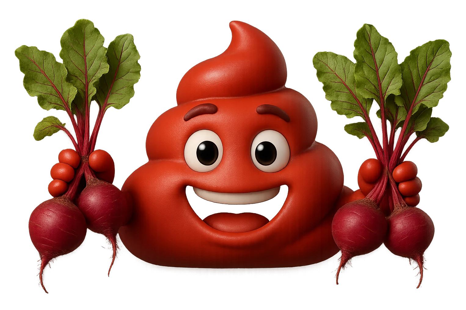 emoji stile iphone 3d di una cacca rossa con barbabietole in mano, iperrealistiche 4k emoji