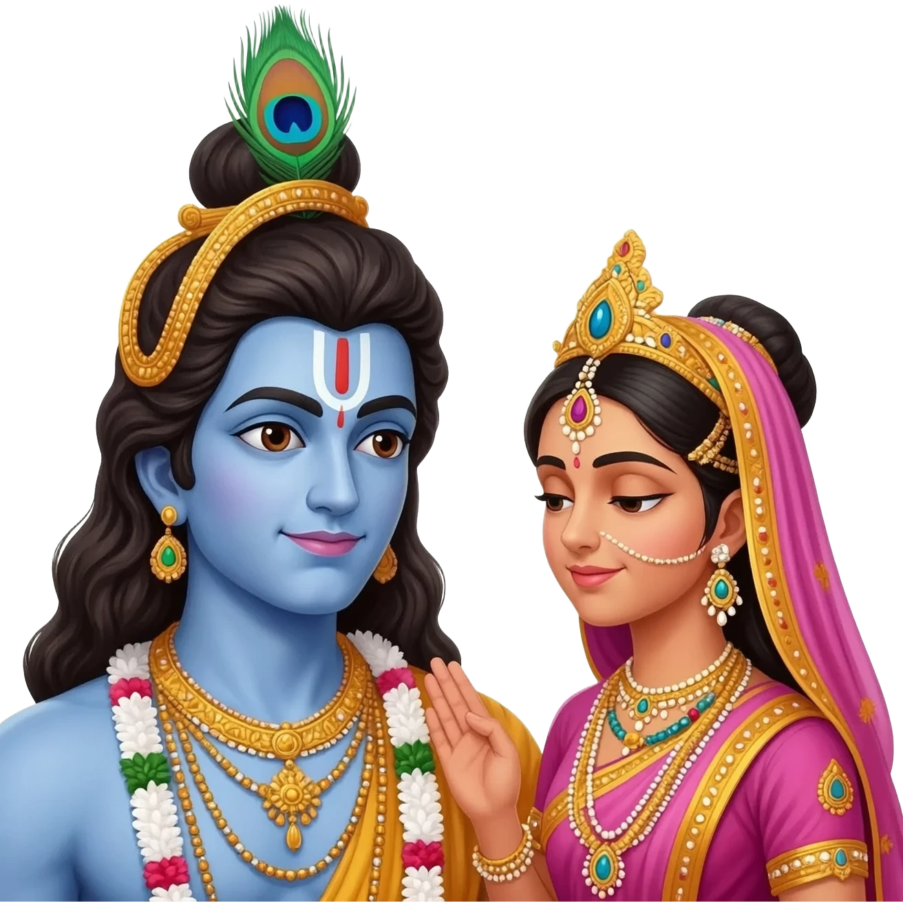 Krishna with sharp looks having peacock feather on his head and his is full with jewellery and radha admiring him emoji