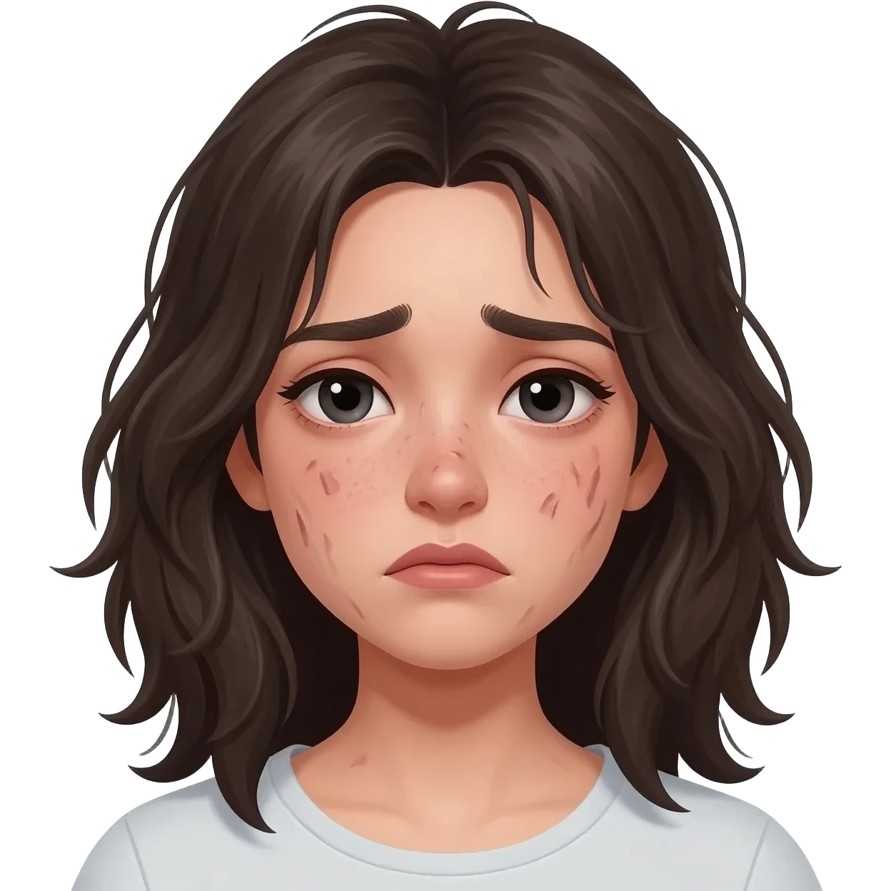 nattractive girl, sad expression, dark circles, acne, messy hair, uneven eyebrows, downturned lips emoji