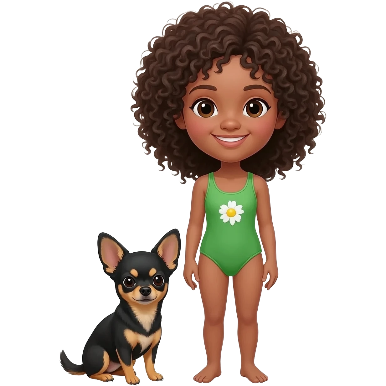 Une fille. Cheveux bouclée. Porte à maillot. Vert. Avec un chihuahua noir marron poil courut c'est une fille daisy et pour finir par apprend dans les brastous les 2. Avec sa maîtresse avec. Et moi mmatichienne emoji