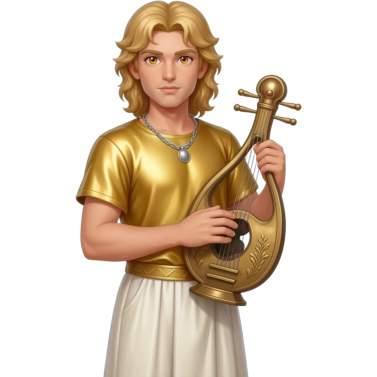 Apollo from Greek Mythology with amber eyes, long blonde hair, gold metallic shirt, ivory metallic baggy pants, silver necklace emoji