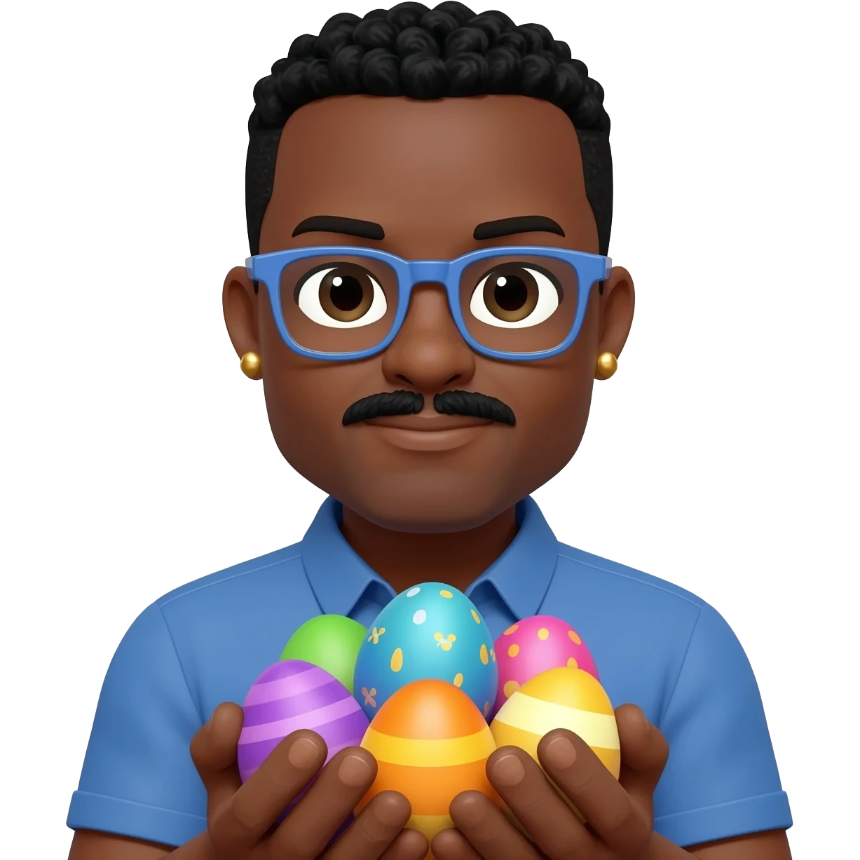 Black man with blue glasses, mustache,  stud earrings, and Easter eggs emoji