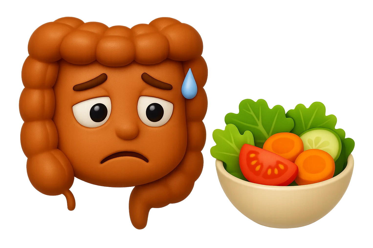 EMOJI STILE IPHONE DI UN INTESTINO UMANO ANATOMICO CHE GUARDA UN INSALATA CON ESPRESSIONE TRISTE E RASSEGNATA IN VOLTO: SOFFRE LA FAME PERCHé è A DIETA, FAGLI ANCHE LA PARTE BIANCA DEGLI OCCHI, NON SOLO LE PUPILLE, IPERREALISTICO 4K emoji