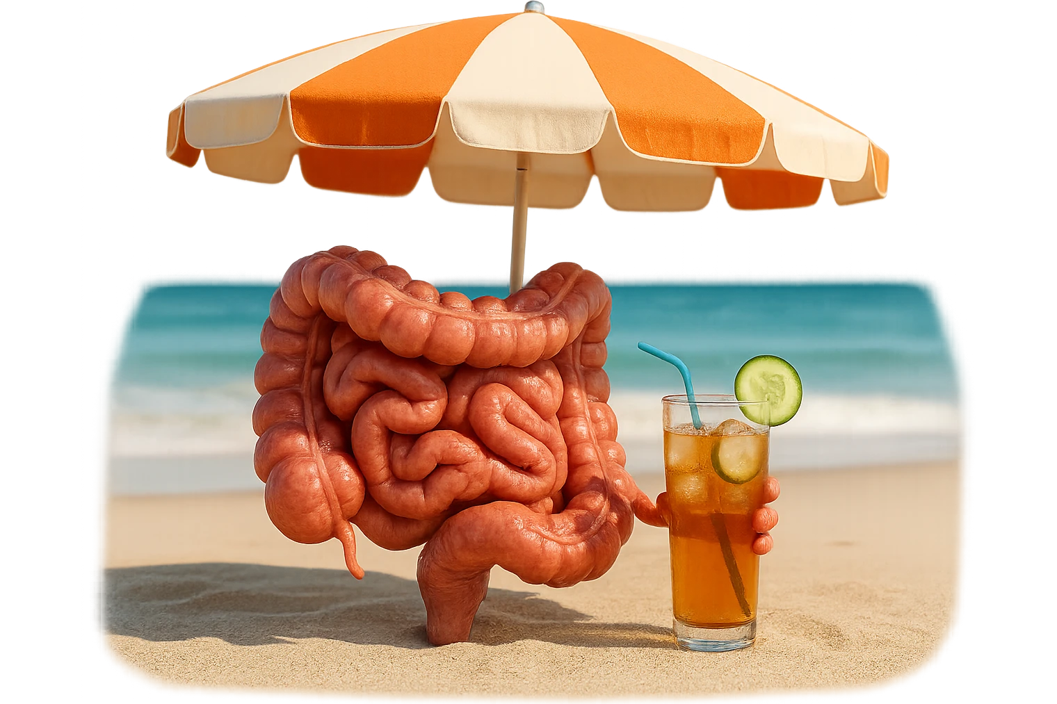 INTESTINO SEDUTO IN SPIAGGIA SOTTO L'OMBRELLONE MENTRE BEVE THè FREDDO CON CETRIOLO
IPERREALISTICO 4K emoji