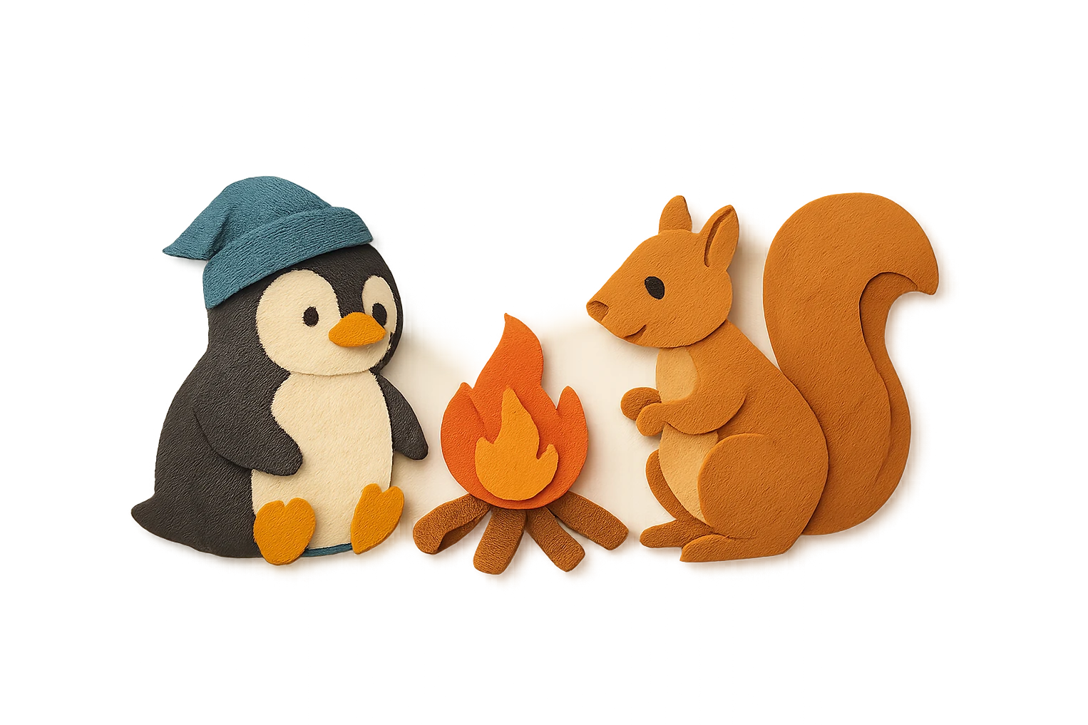 Pinguin und Eichhörnchen beim Campen, Papierbastel-Stil, Lagerfeuer emoji