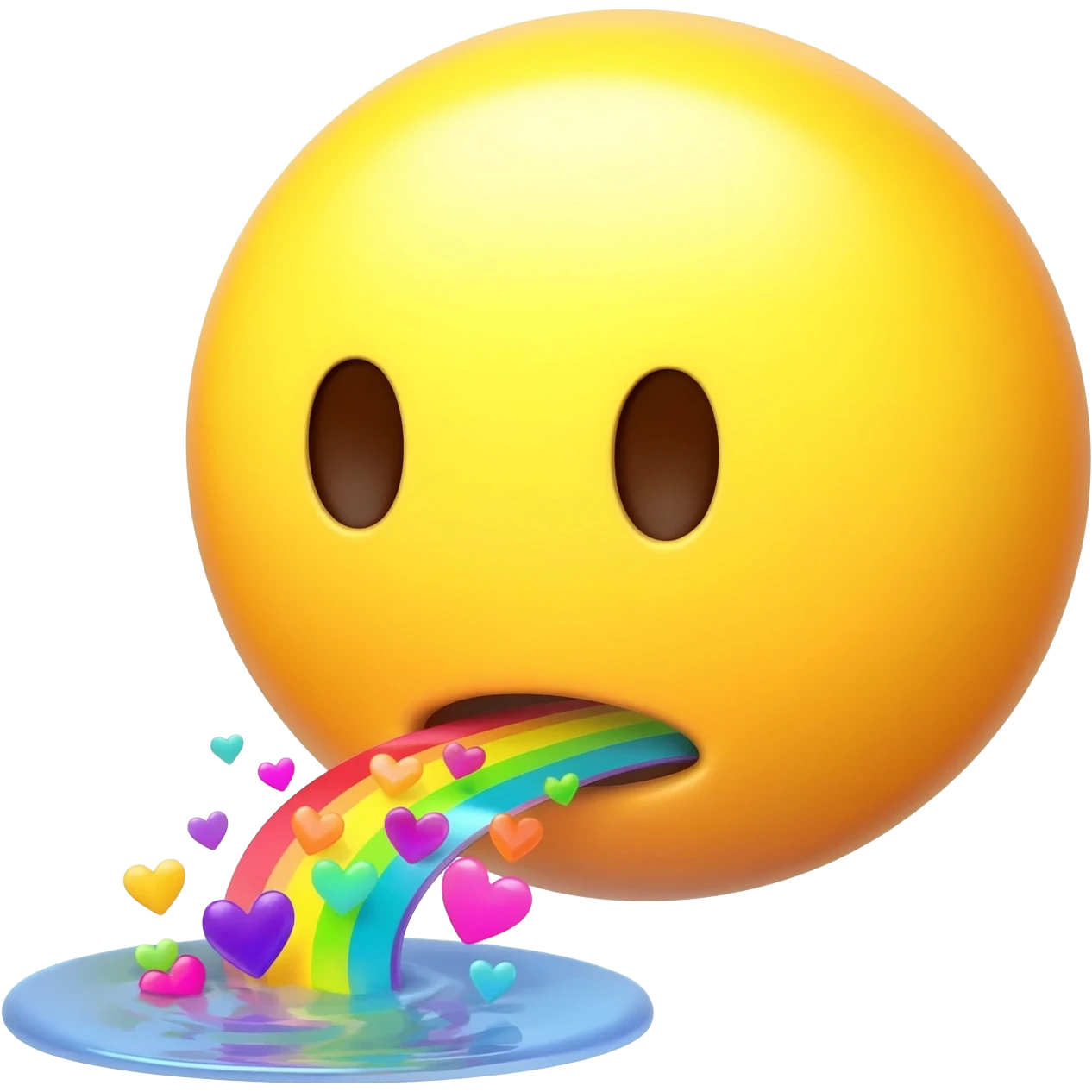 Standard yellow Smiley face, not looking happy, spitting out a rainbow with hearts into a little puddle emoji