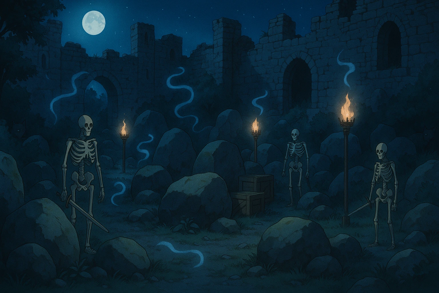 midnight within the ruins of abandoned castle yard, protrude boulders, amid iron torches and crates tucked behind, skeleton warriors, wisps, and wolves linger just in the edge of view behind scenery, very subtly, appearing safe with hidden threat emoji