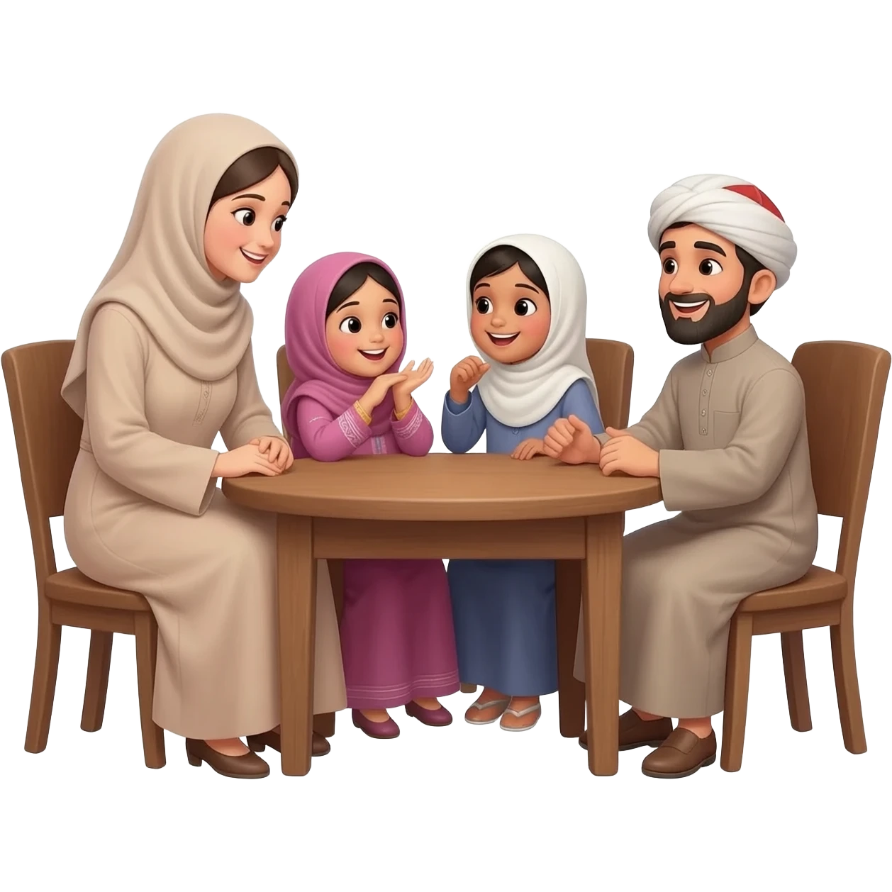 islamic family sitting on table; mother wearing without hijab; father with beard and islamic clothes white cap on head; little girls without  hijab and one little boy; kids wearing traditional clothes and talking happily to each other emoji