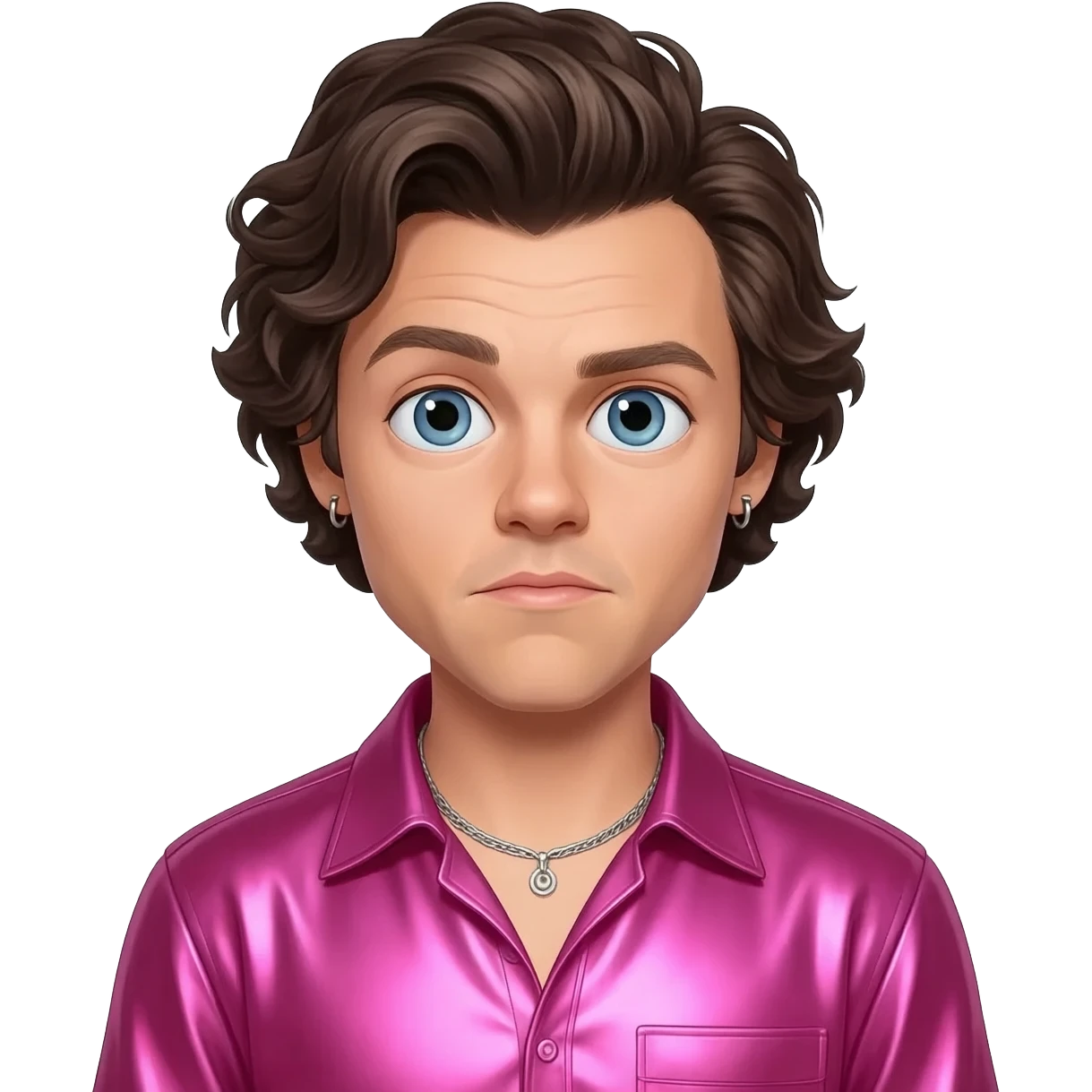 Harry Styles with blue eyes, dark brown hair, hot pink metallic shirt, silver necklace and short earrings emoji