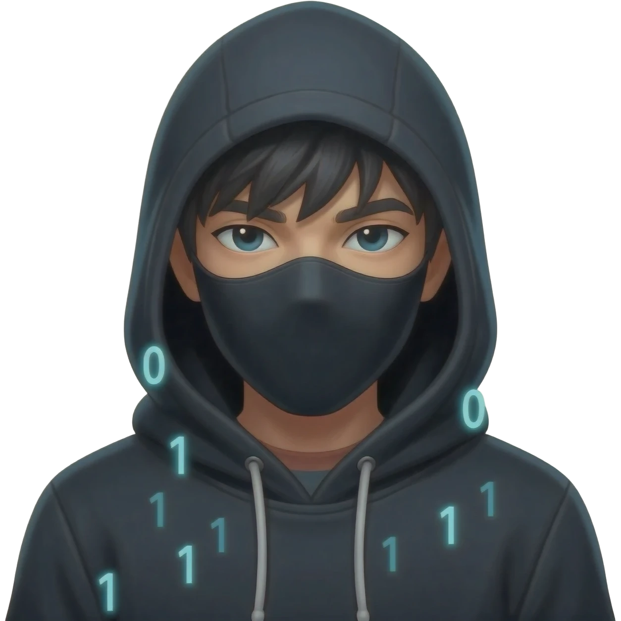Binary system and "hacker" look, wearing a hoodie with the hood on, hide the hair under the hood, the hoodie is natural and black, no mask, visible face. Make it oriented around the numbers 0 and 1. emoji