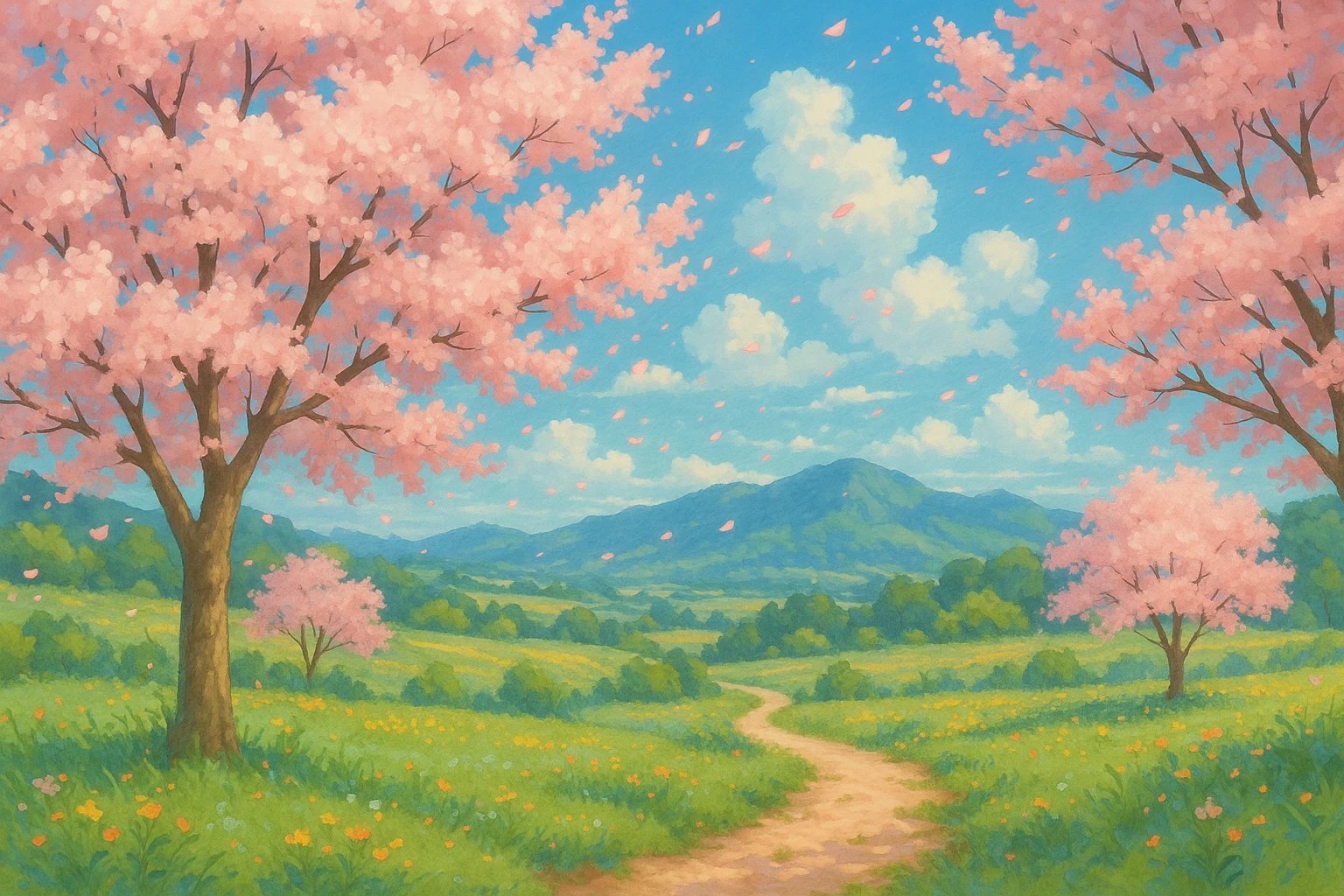 spring in ghibli style, cherry blossoms, gentle breeze, vibrant colors, detailed landscapes emoji
