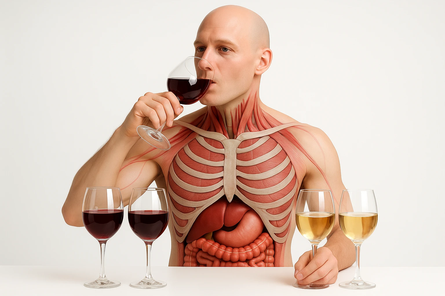 corpo umano con apparato digerente che  ha davanti a sè un tavolo bianco con sopra qualche bicchiere di vino bianco e qualche bicchiere di vino rosso, lui sta bevendo un bicchiere di vino rosso, non fare che ha il dito sulla fronte, prendi solo spunto dallo stile grafico della foto che ho allegato, sfondo bianco, stile realistico, non disegnato, 4k emoji