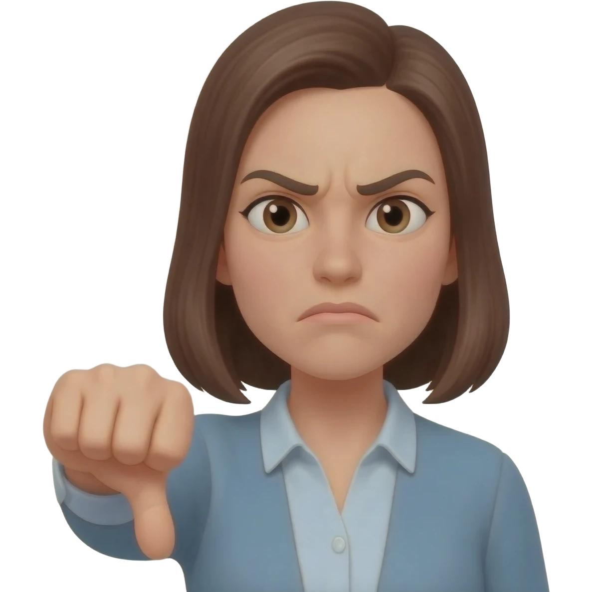 mujer con el pulgar abajo  y expersion de incorformidad en la mano izquierda emoji