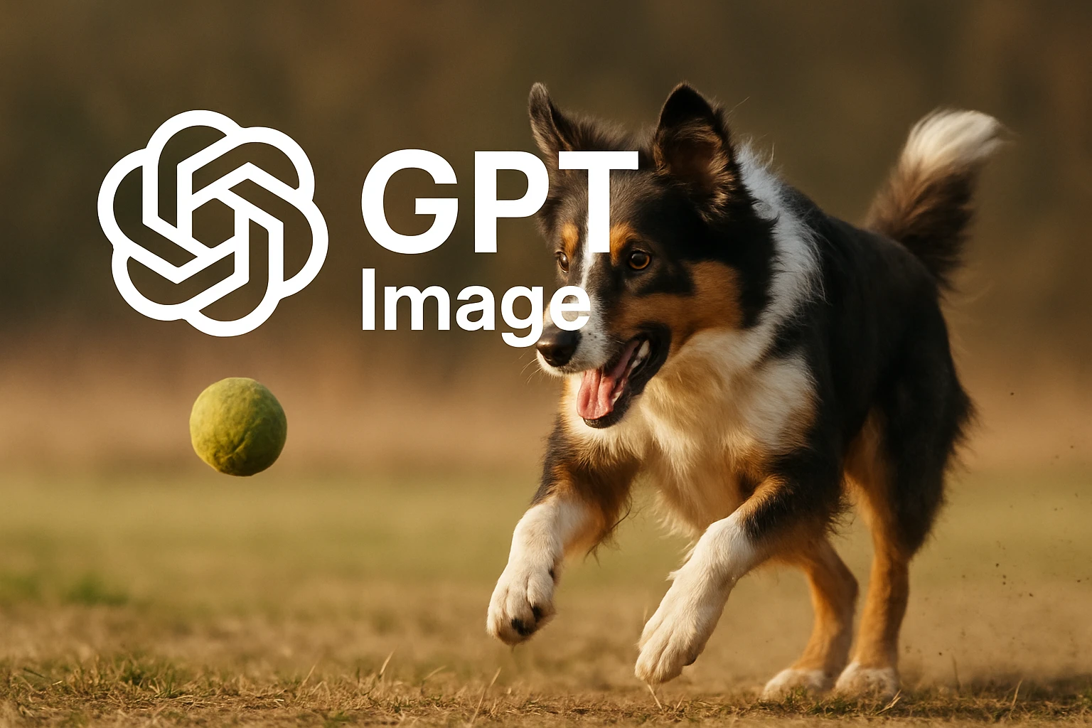 logo of chat gpt with text "GPT Image" on the background of a dog chasing ball, realistic image emoji