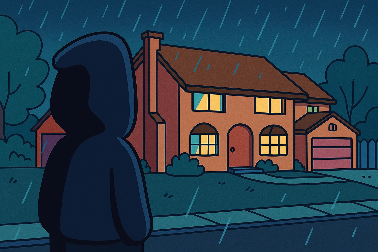 Springfield sous la pluie, la nuit. Une silhouette encapuchonnée observe la maison des Simpson. emoji