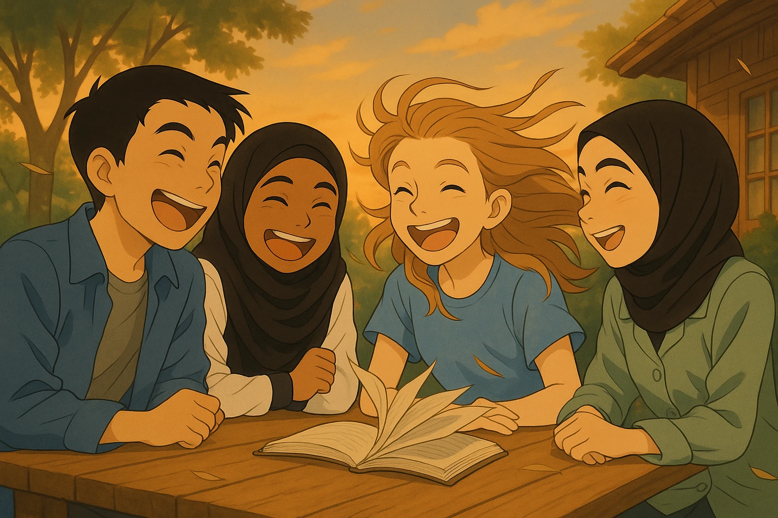 Continuation of the image: Everyone is laughing together, the wind is still blowing, visible on the book, hair, and clothes. Keep the faces very close to the original, same setting, outdoor ambiance, evening light. emoji