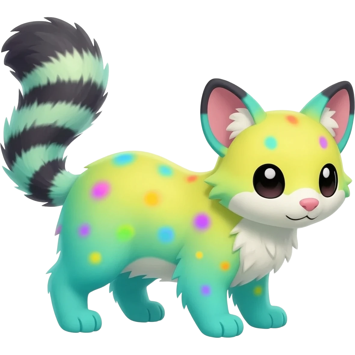  cute adorable yellow-green-turquoise-gradients albino fur with random colorful iridescent rainbow markings beautiful elegant pretty precious cute  Fakémon-Pokémon-opossum-feline-serval-caracal-chinchilla-Minccino-hybrid-creature with a big fluffy bushy striped tail (full body) emoji