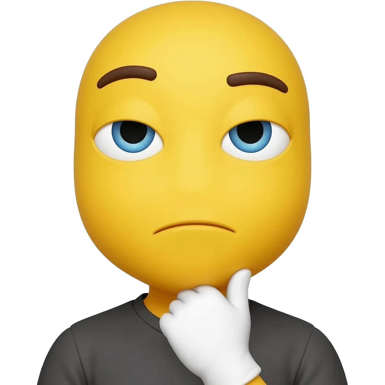 The emoji has a round yellow face with a slightly skeptical expression 
Its eyebrows are raised, and the eyes are looking sideways, which gives the feeling that it’s judging or thinking
One white-gloved hand is placed under its chin, 
The mouth is slightly curved emoji