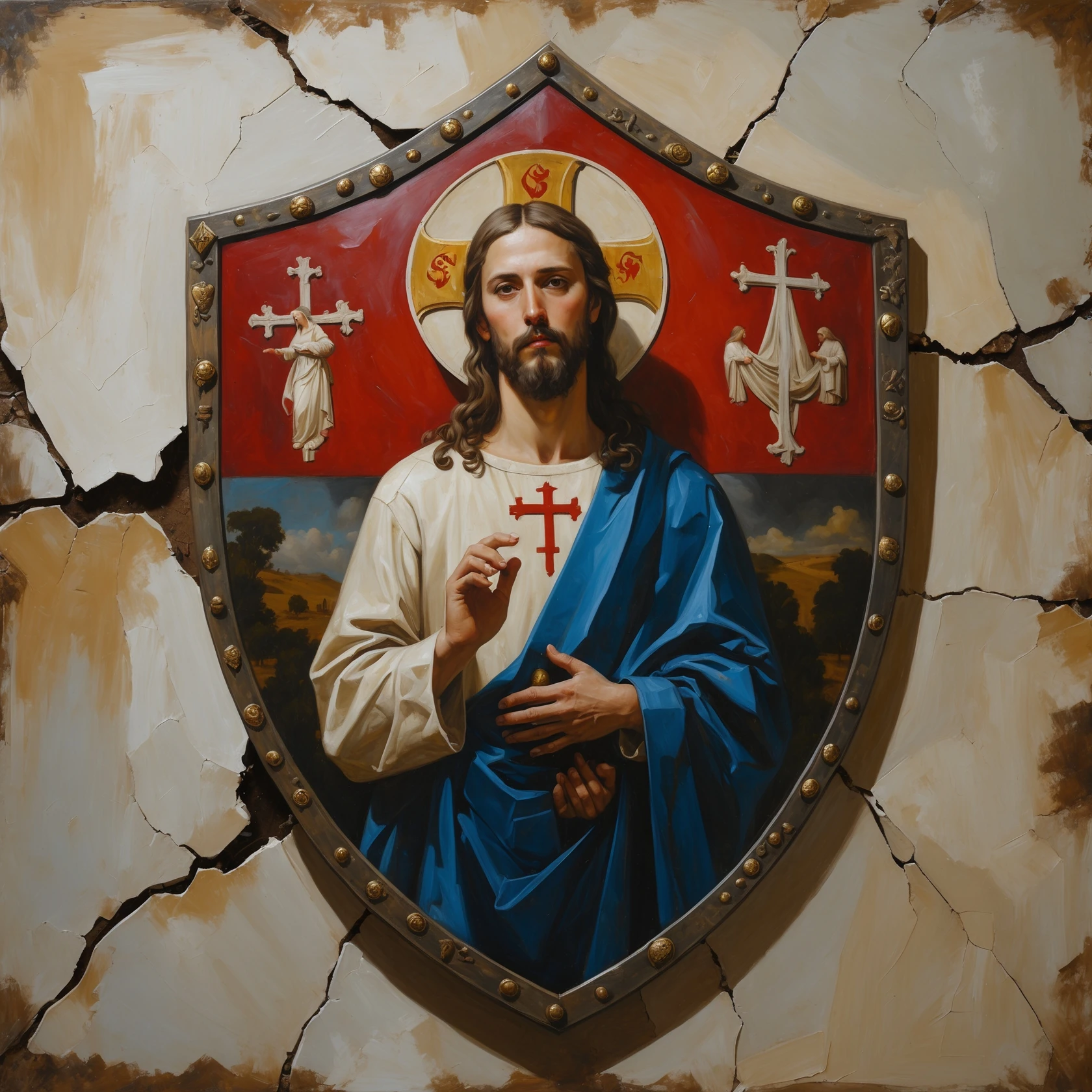 (img2img: strenght:=0.1) <ReferenceOnly-V3> inpaint religious theme onto the shield oil painting style flat image oil cracks countour
medieval shield art
 emoji