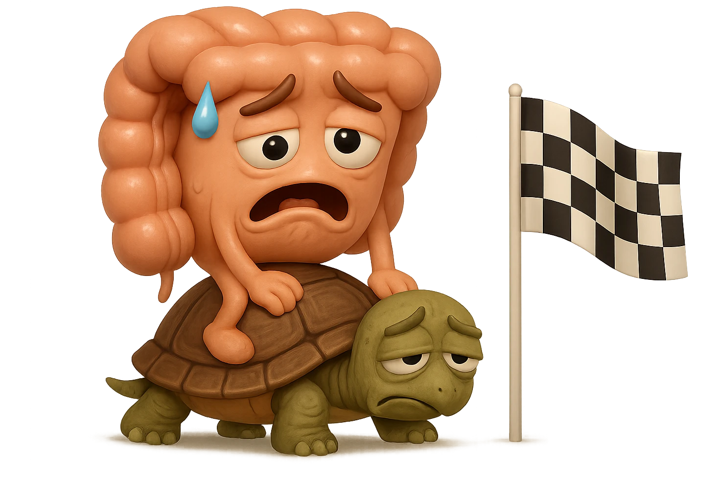  EMOJI STILE IPHONE 3D DI UN INTESTINO CON ESPRESSIONE ANGOSCIATA CHE CAMMINA SEDUTO IN GROPPA SUL GUSCIO DI UNA TARTARUGA IN ATTESA ESTENUANTE DI RAGGIUNGERE UN TRAGUARDO POCO PIù AVANTI, SULLA LORO DESTRA. IL TRAGUARDO è UNA BANDIERA A DUE PIEDI CON FASCIA A SCACCHI BIANCHI E NERI. iperrealistico 4k emoji